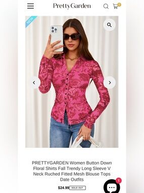 PRETTYGARDEN Pink Floral Button-Front Ruched Long Sleeve Top